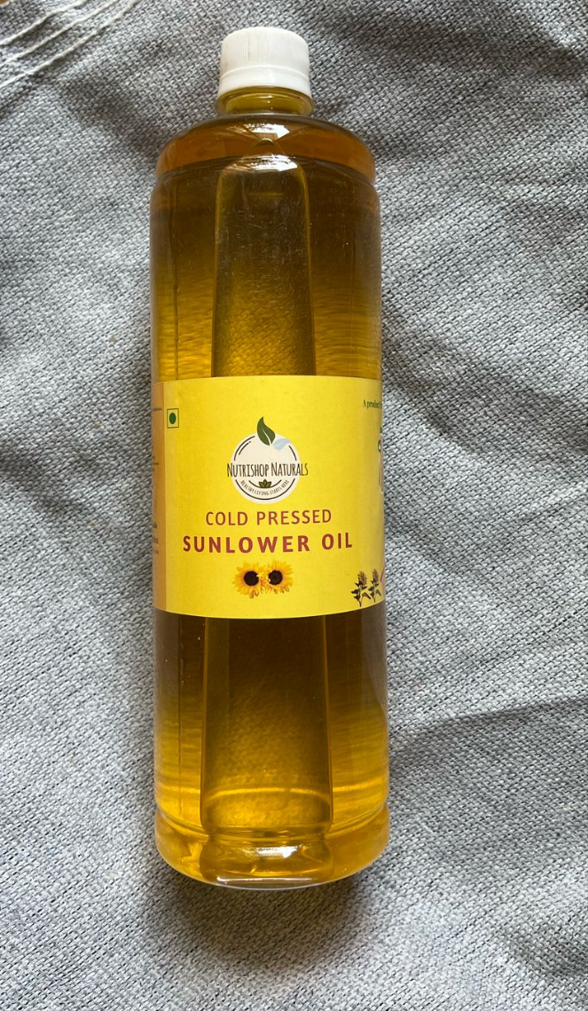 Cold pressed sunflower oil packed in food grade plastic bottle of 1 litre. Sourced from organic farmers in Karnataka